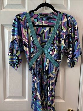 Y2K, vintage Sky Brand Multicolor V-Neck Tunic with leather Braided Trim